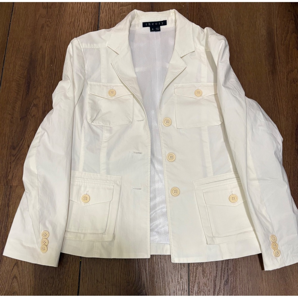 Theory Women's 6 White Cotton Stretch Utility Safari Blazer Jacket 4 Pocket